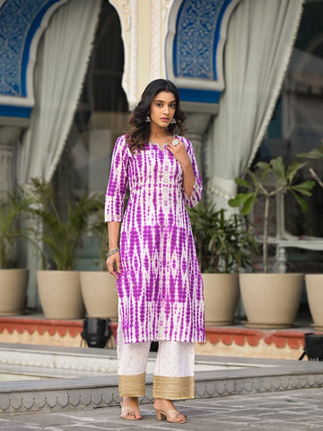 Varanga Women Purple Shibori Straight Kurta With Embellished Round Neck Js Vkur1240